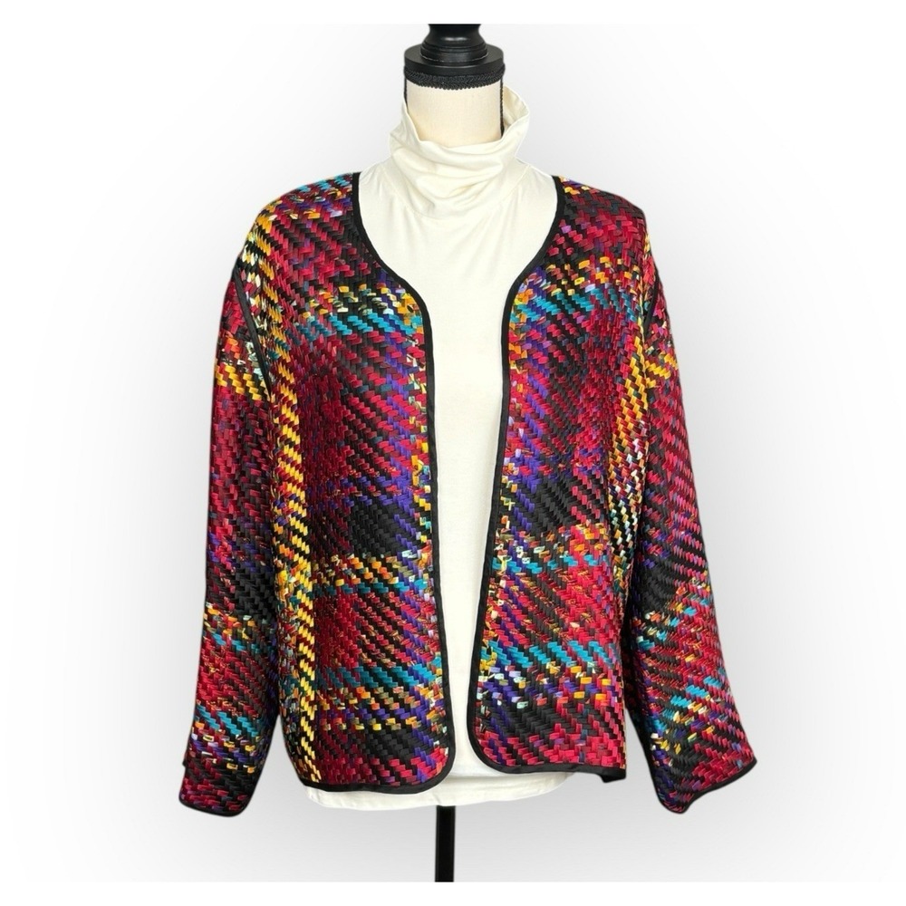 Chicos Artsy Plaid Silk Woven Open Front Blazer Womens L Jacket Office Textured